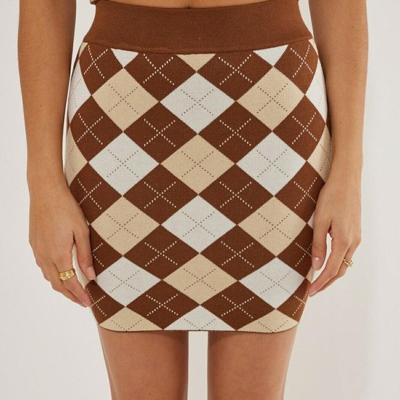 Womens Matching Set Outfit Tank Skirt Mini Size XS Brown Ivory Diamond Stretch - Picture 6 of 16